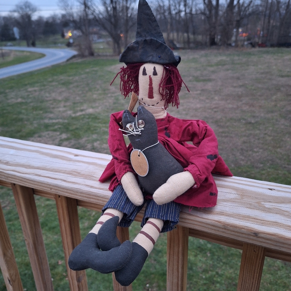 Primitive Raggity Ann Witch Doll Black Cat BOO Pearsons Simply Primitives
